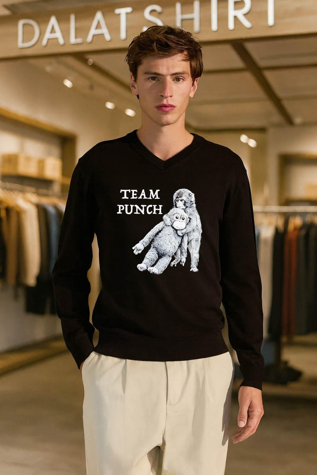 Team Punch monkey holding orange stuffed animal friend shirt