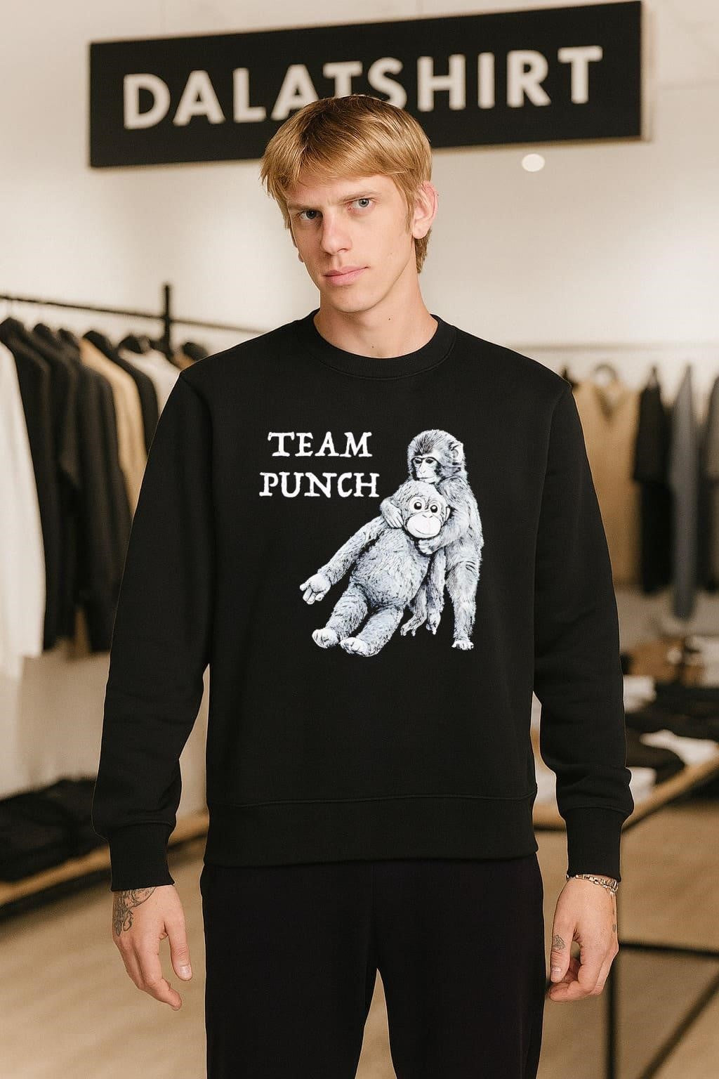 Team Punch monkey holding orange stuffed animal friend shirt