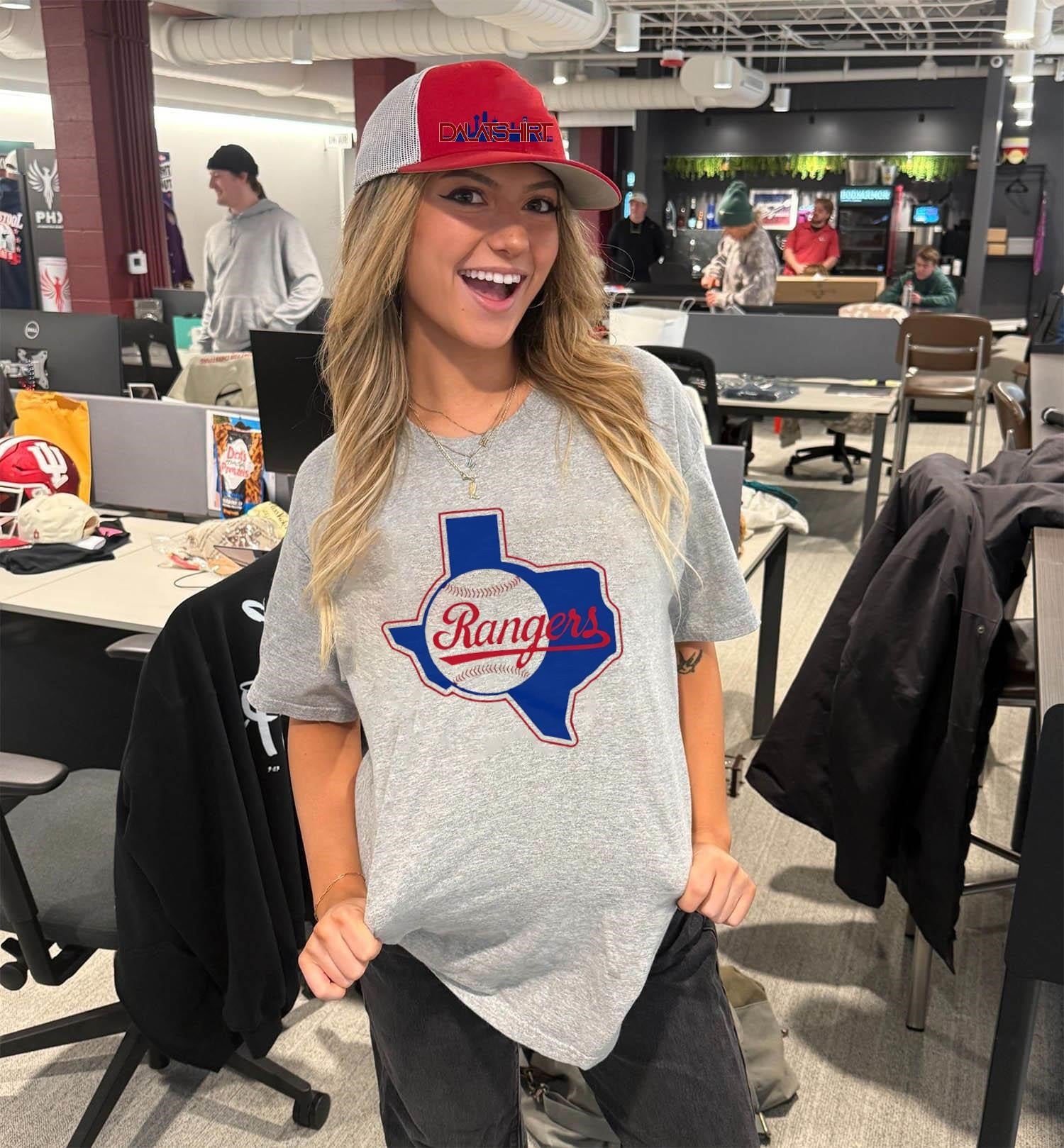 Texas Rangers Baseball Blue State Outline Script Logo shirt