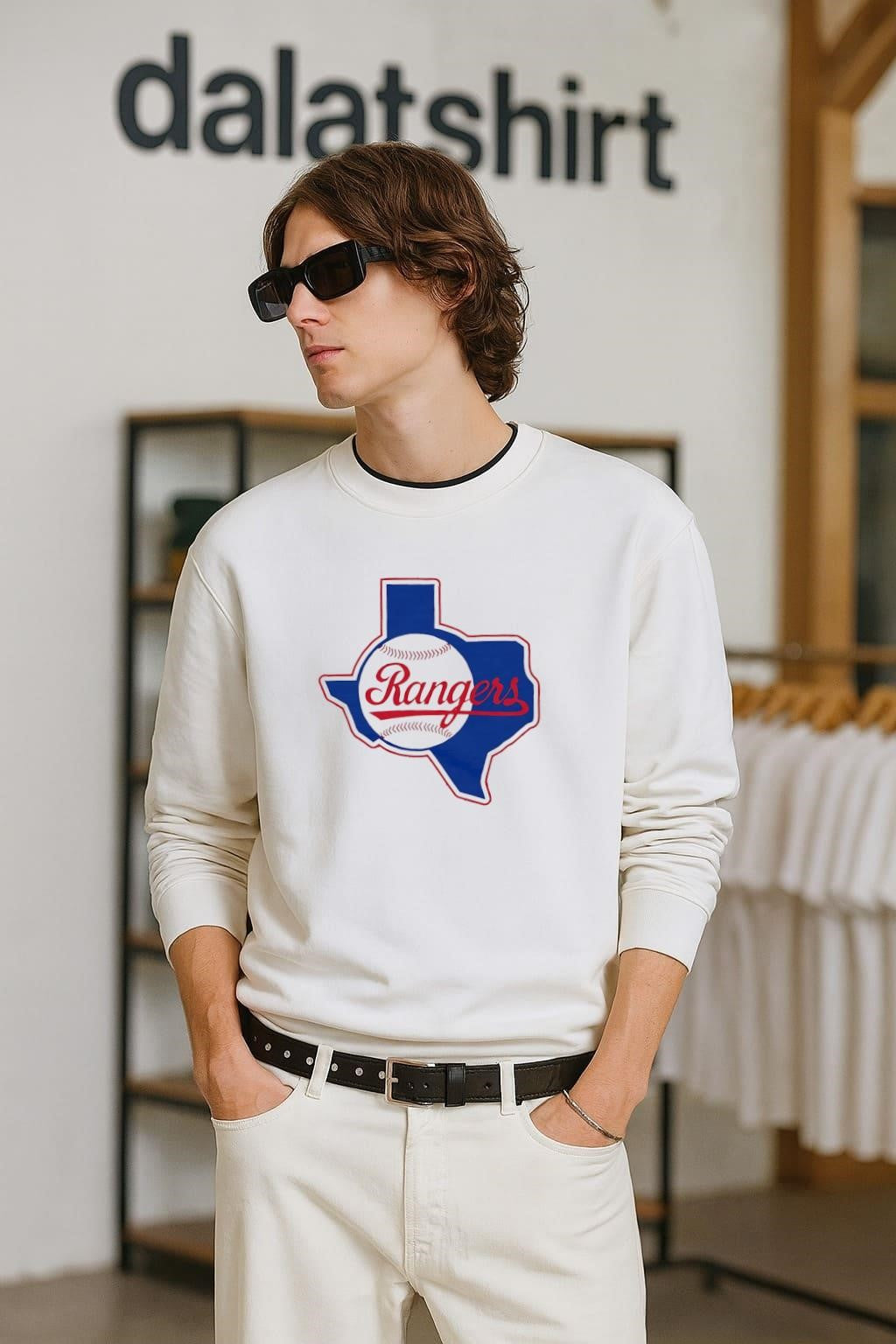 Texas Rangers Baseball Blue State Outline Script Logo shirt