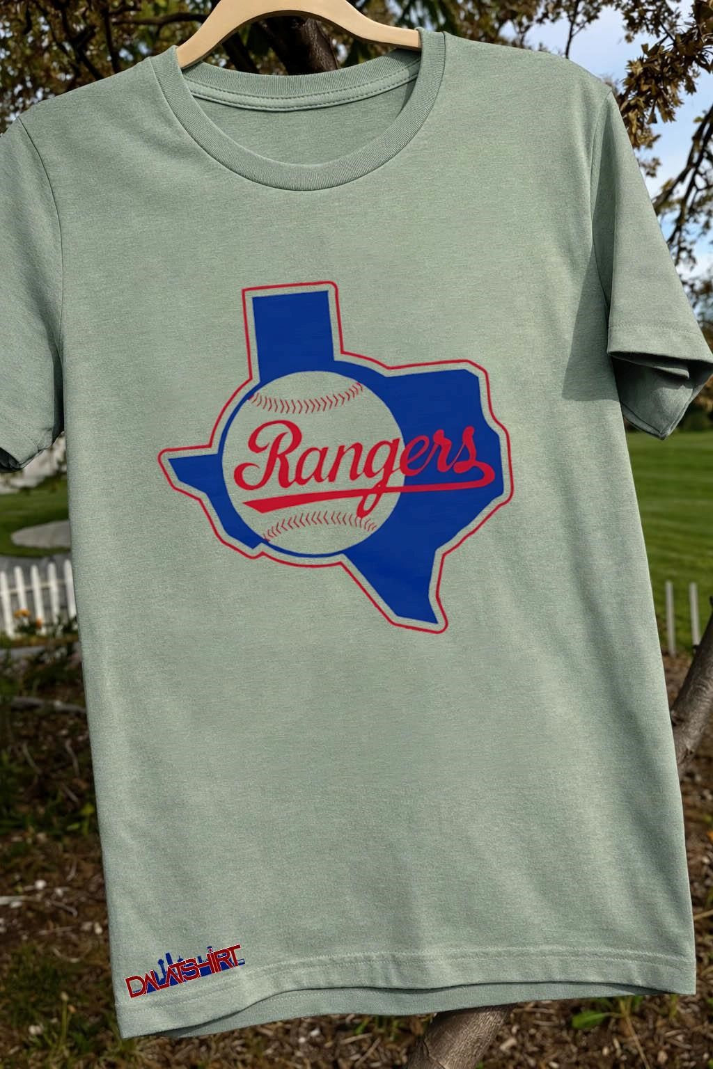 Texas Rangers Baseball Blue State Outline Script Logo shirt