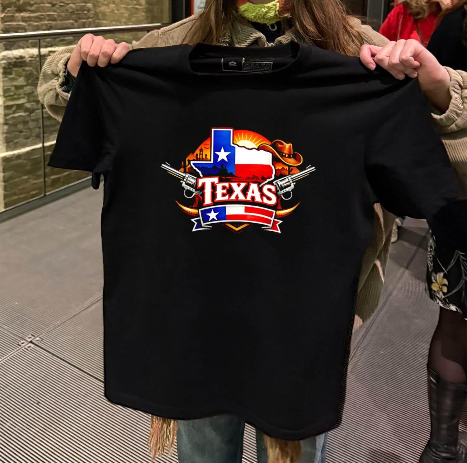Texas State Flag Map Cowboy Hat Revolvers Desert Landscape shirt