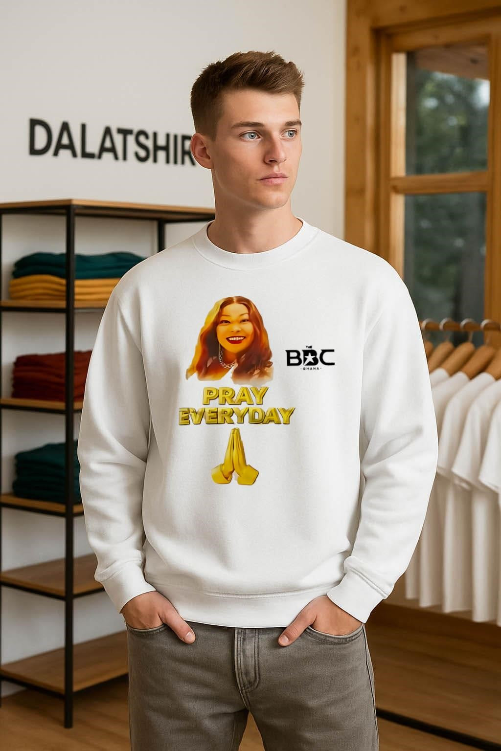 The BBC Ghana Pray Everyday Gold Text Praying Hands shirt