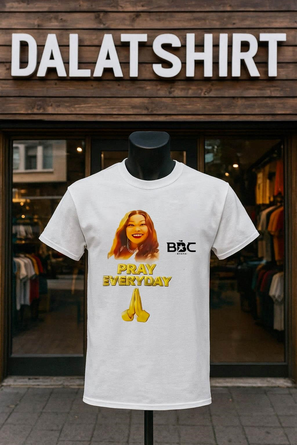 The BBC Ghana Pray Everyday Gold Text Praying Hands shirt