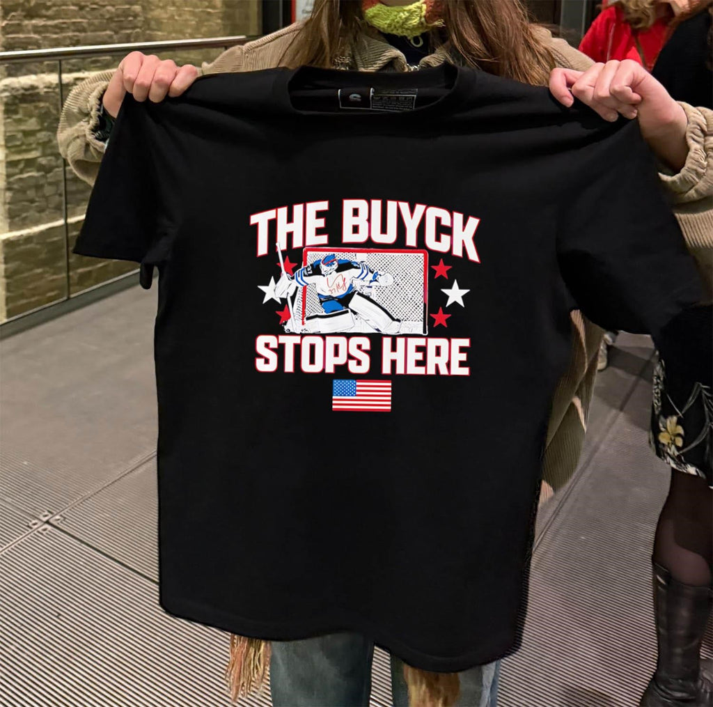 The Buyck Stops Here Hockey Goalie USA Flag shirt