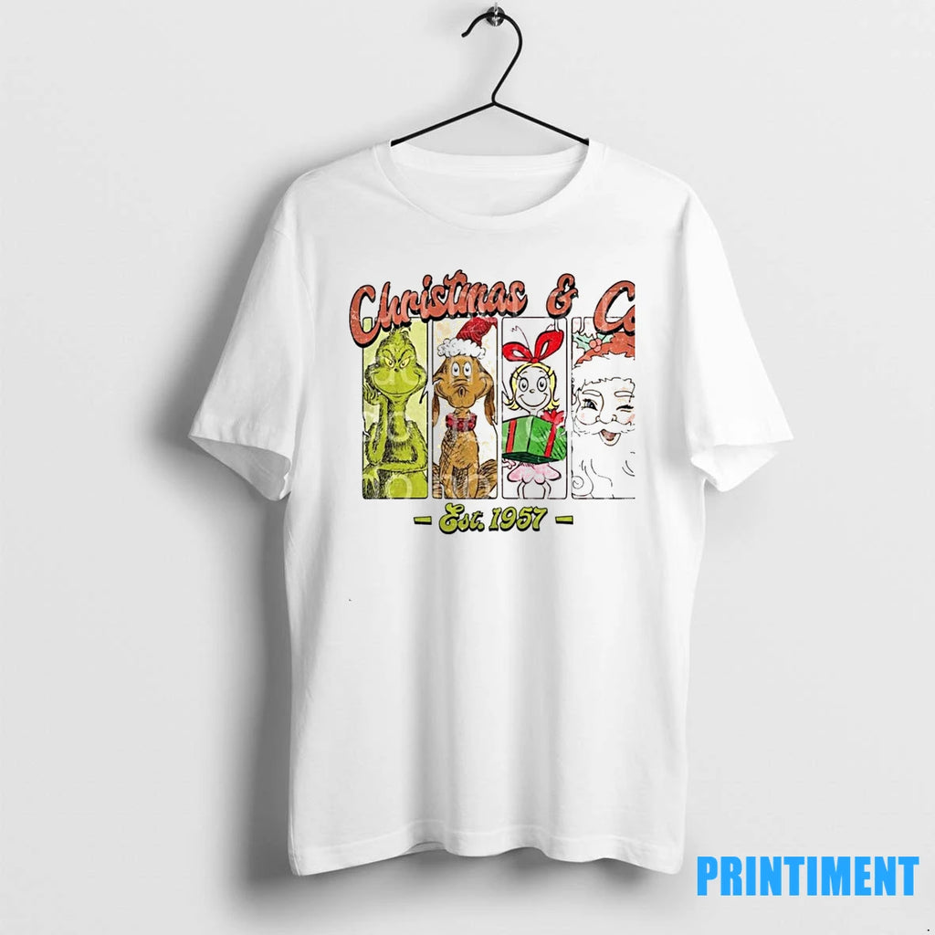 The Grinch Cindy Lou Who And Santa Claus Christmas Co Est 1957 Tshirts Sweater