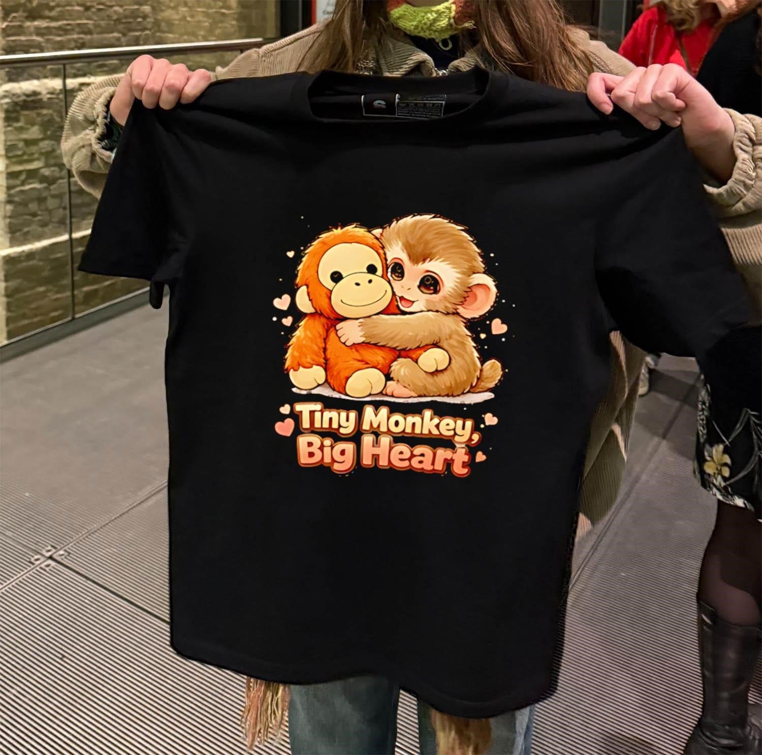 Tiny Monkey Big Heart brown monkey hugging orange monkey shirt