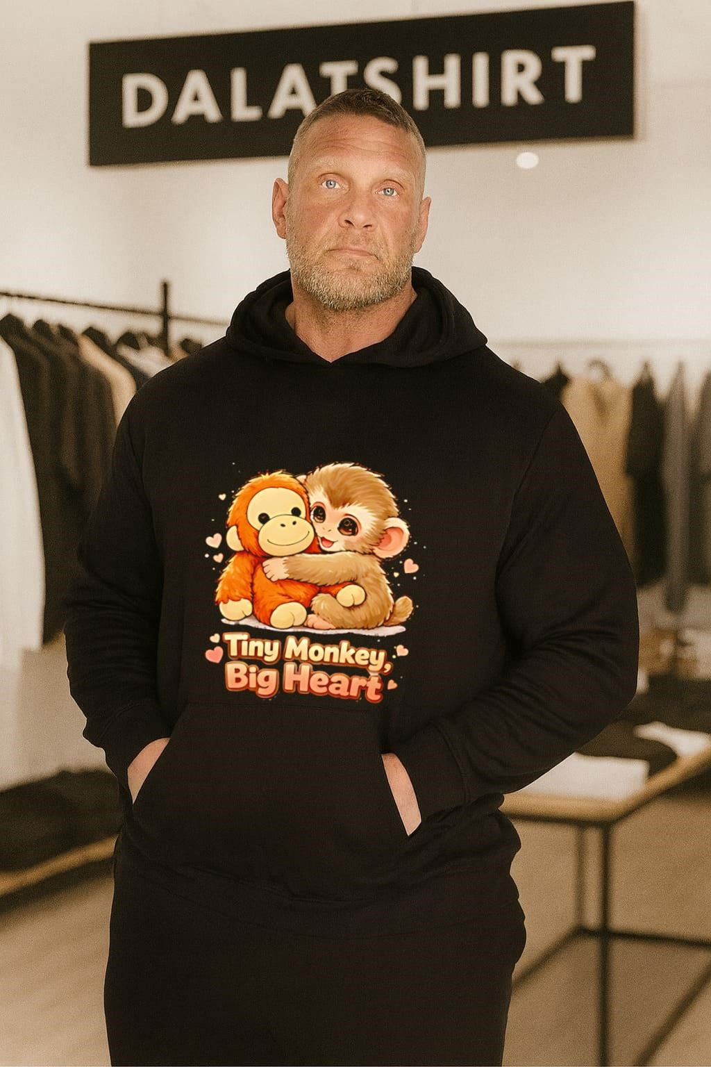 Tiny Monkey Big Heart brown monkey hugging orange monkey shirt