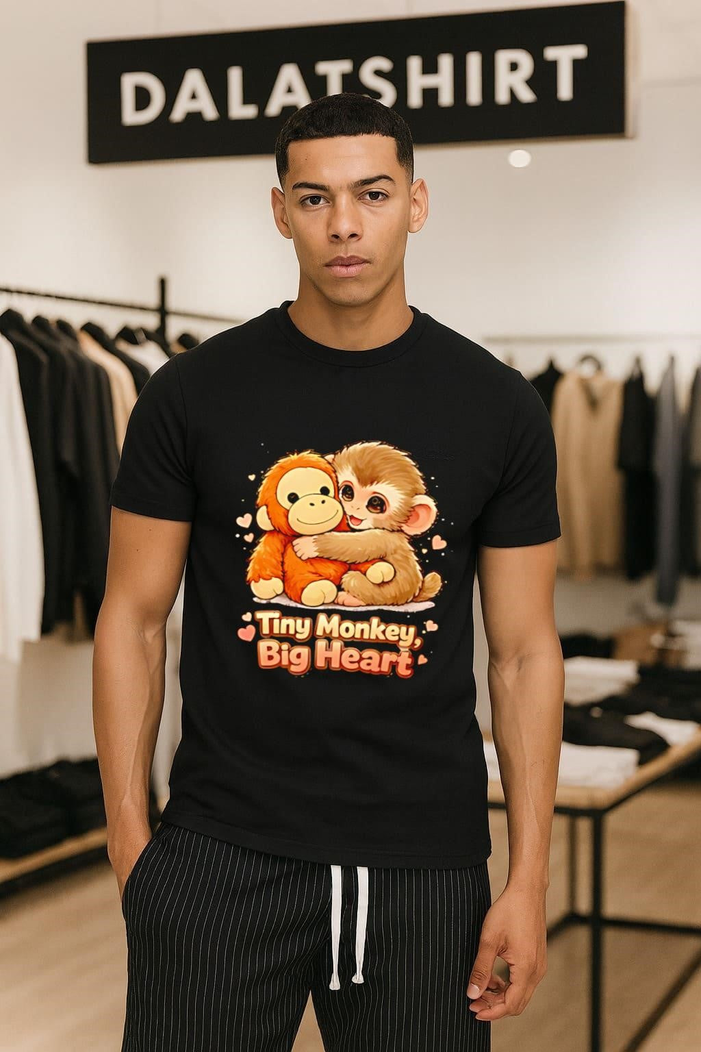 Tiny Monkey Big Heart brown monkey hugging orange monkey shirt