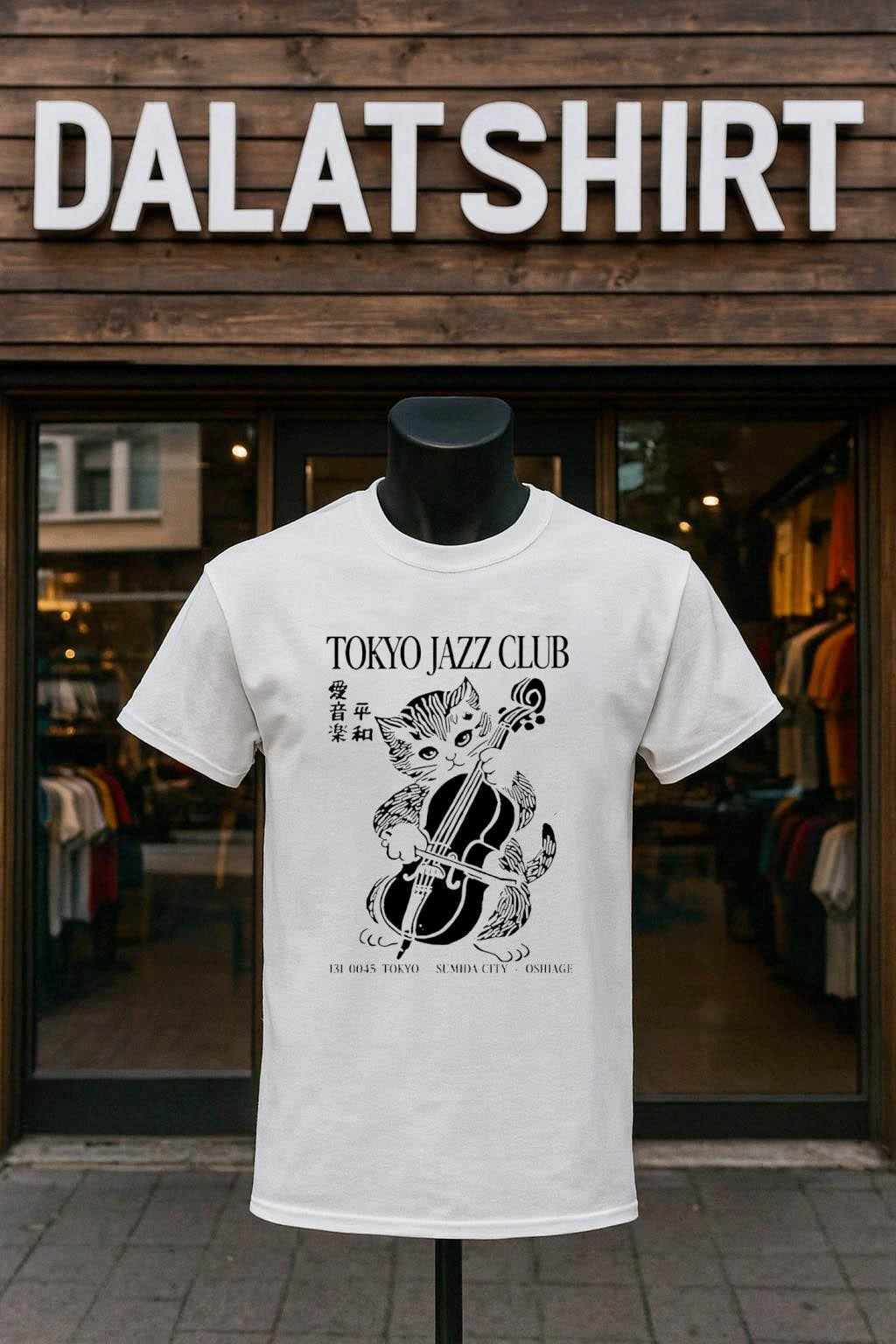 Tokyo Jazz Club Cat Playing Cello Japanese Text Musical shirt