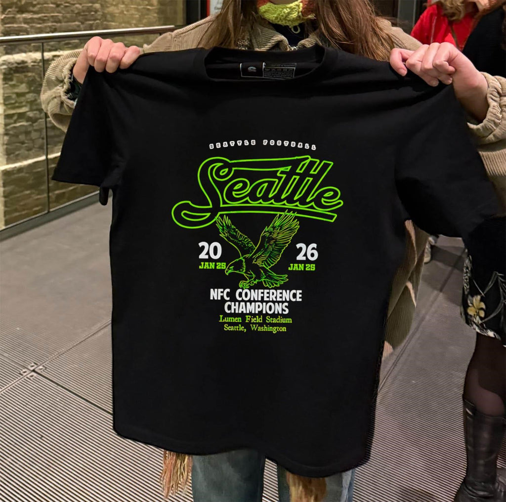 Seattle Football Script Hawk Logo 2026 NFC Conference Champions shirt