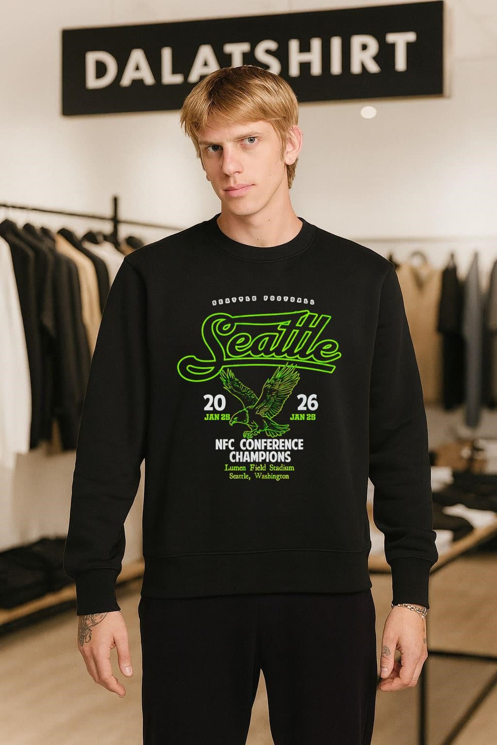 Seattle Football Script Hawk Logo 2026 NFC Conference Champions shirt