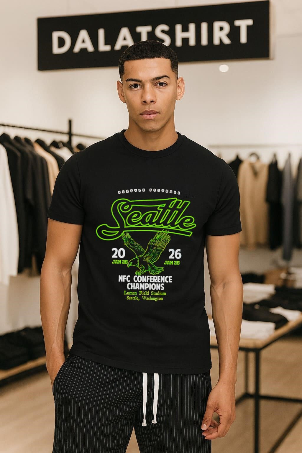 Seattle Football Script Hawk Logo 2026 NFC Conference Champions shirt