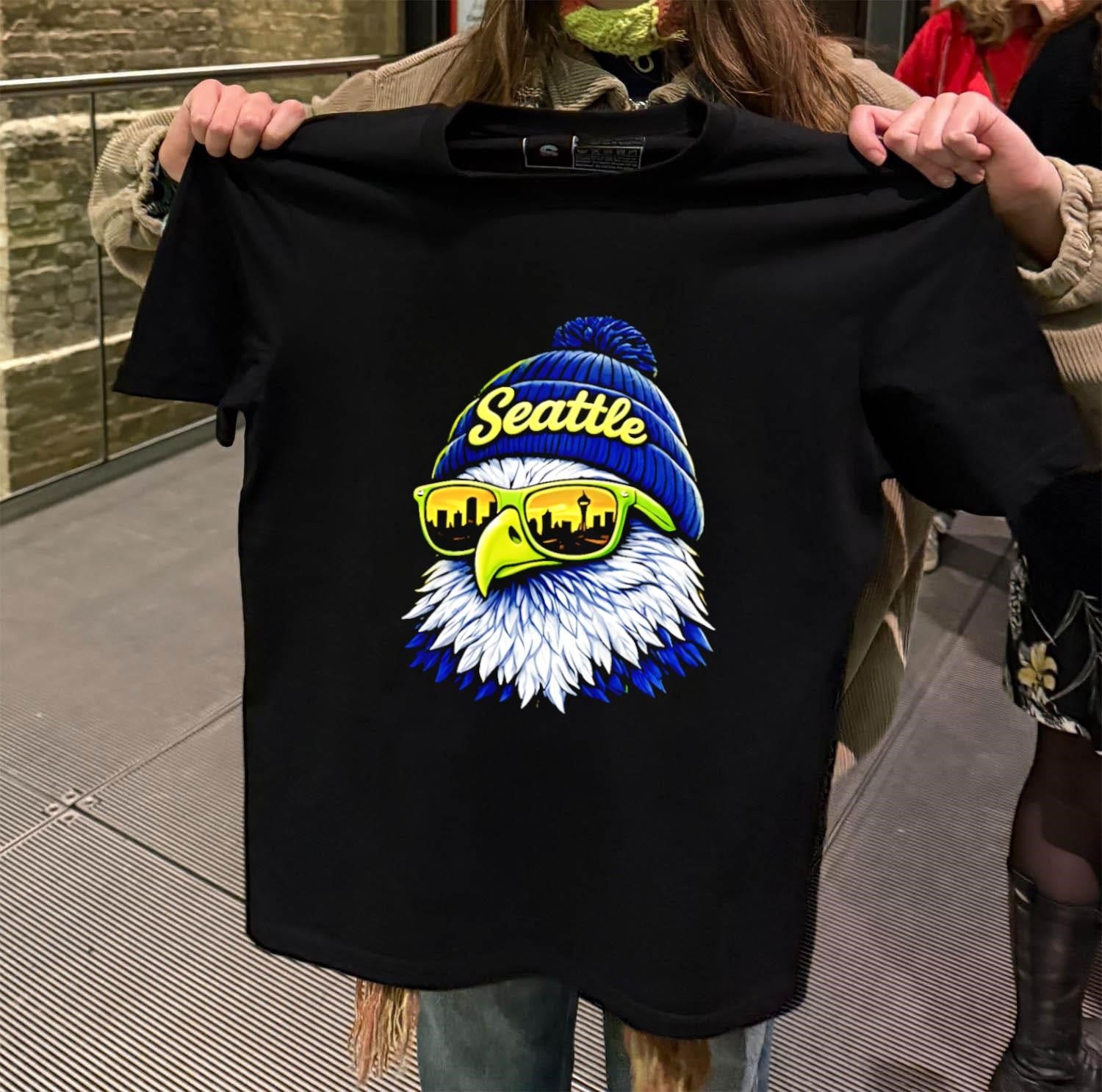 Seattle Script Beanie Eagle Head Sunglasses Reflecting City Skyline shirt