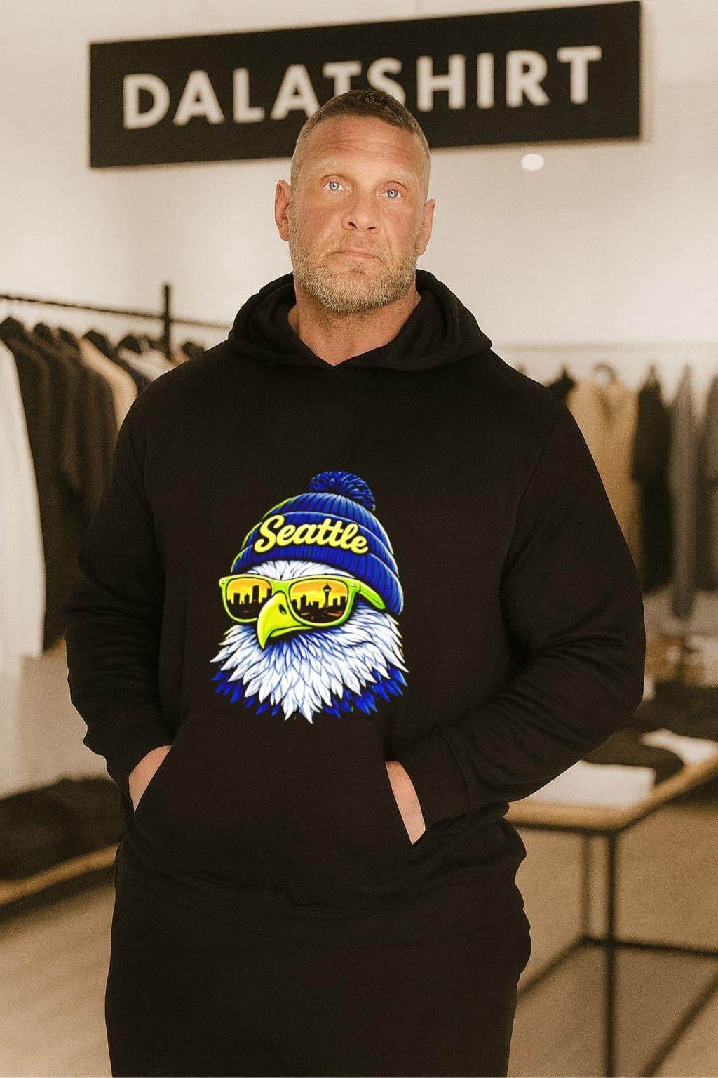Seattle Script Beanie Eagle Head Sunglasses Reflecting City Skyline shirt