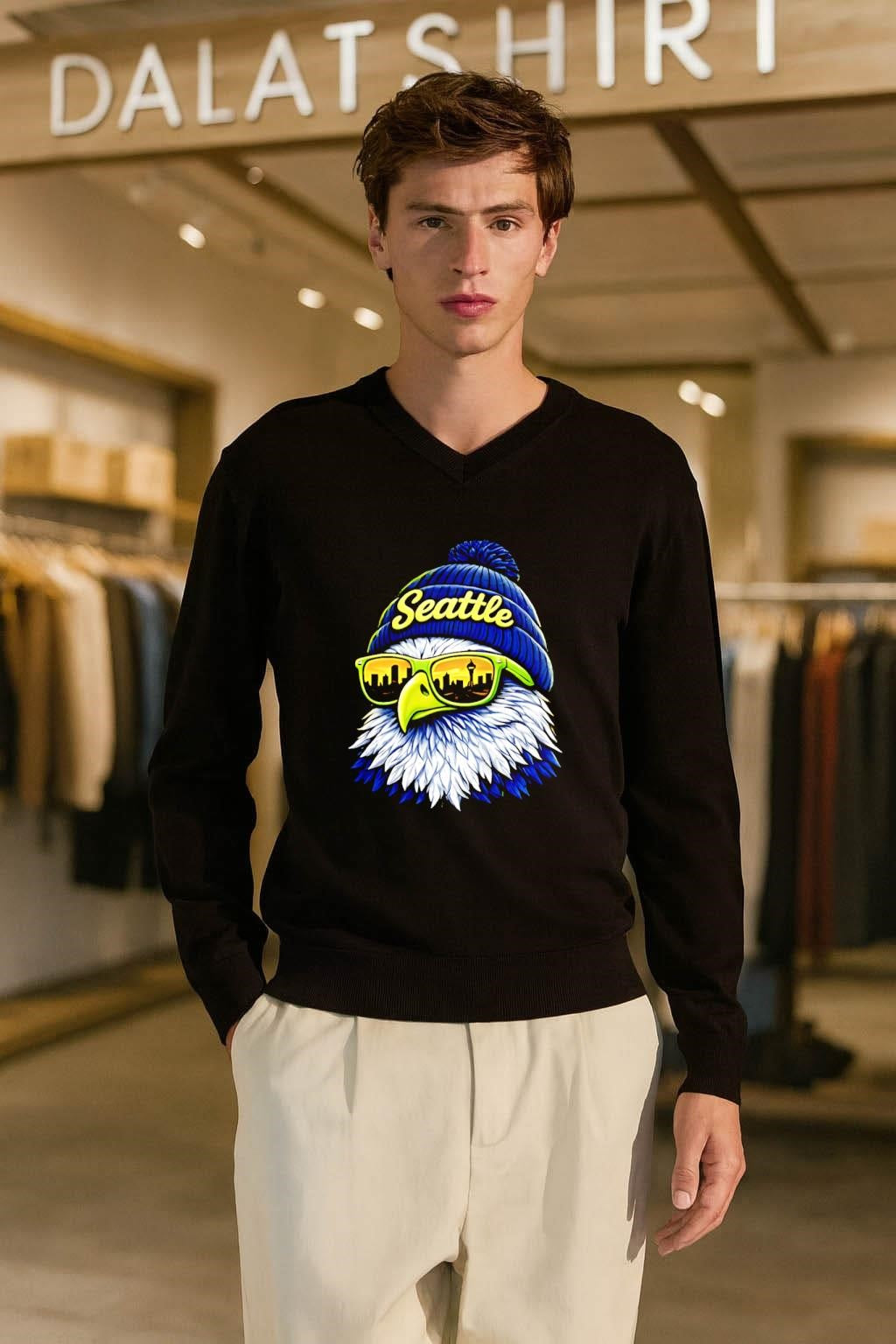 Seattle Script Beanie Eagle Head Sunglasses Reflecting City Skyline shirt