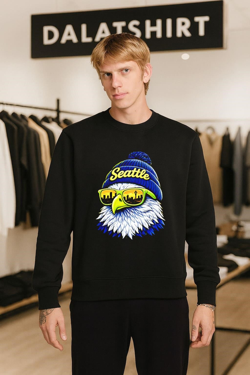 Seattle Script Beanie Eagle Head Sunglasses Reflecting City Skyline shirt