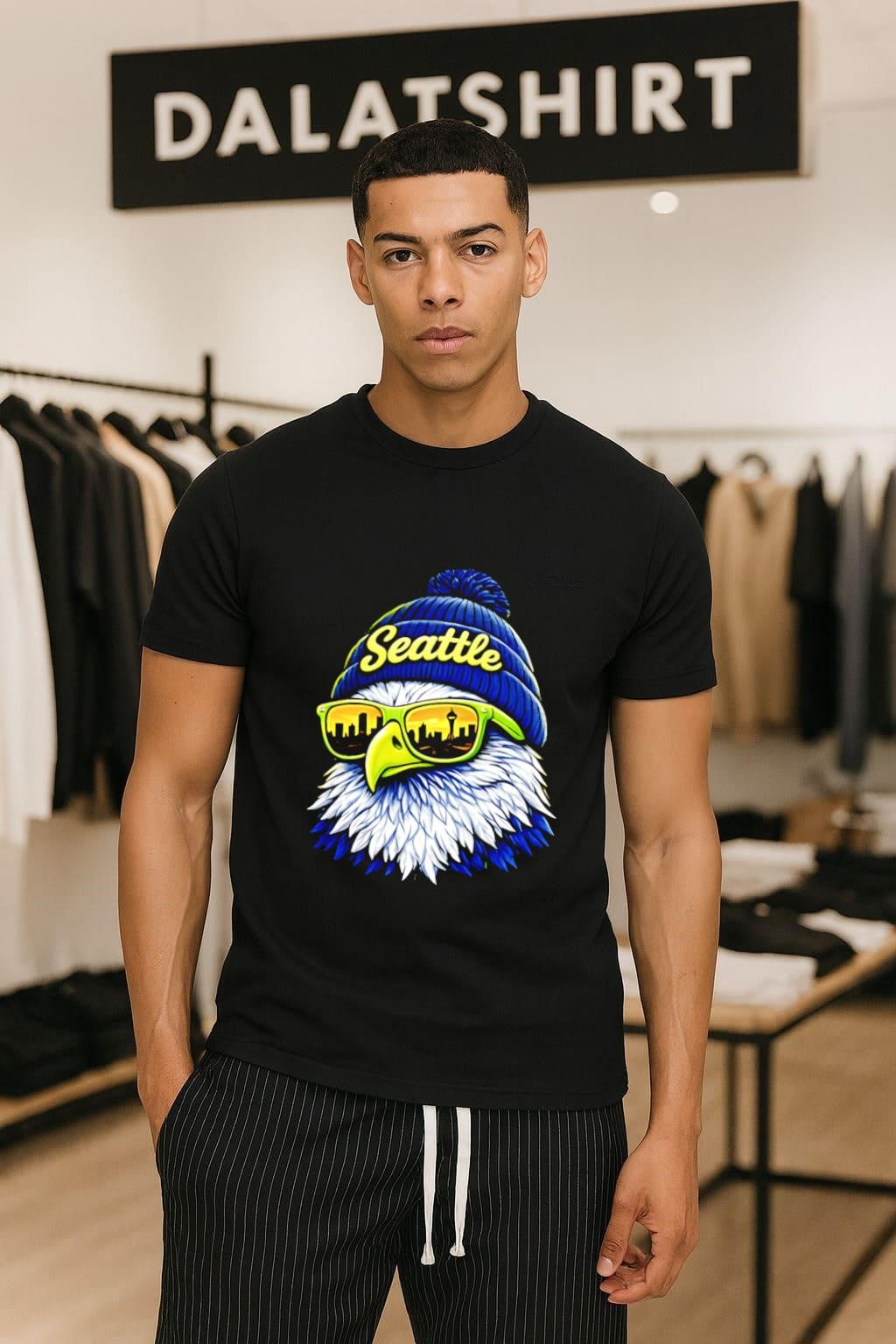 Seattle Script Beanie Eagle Head Sunglasses Reflecting City Skyline shirt