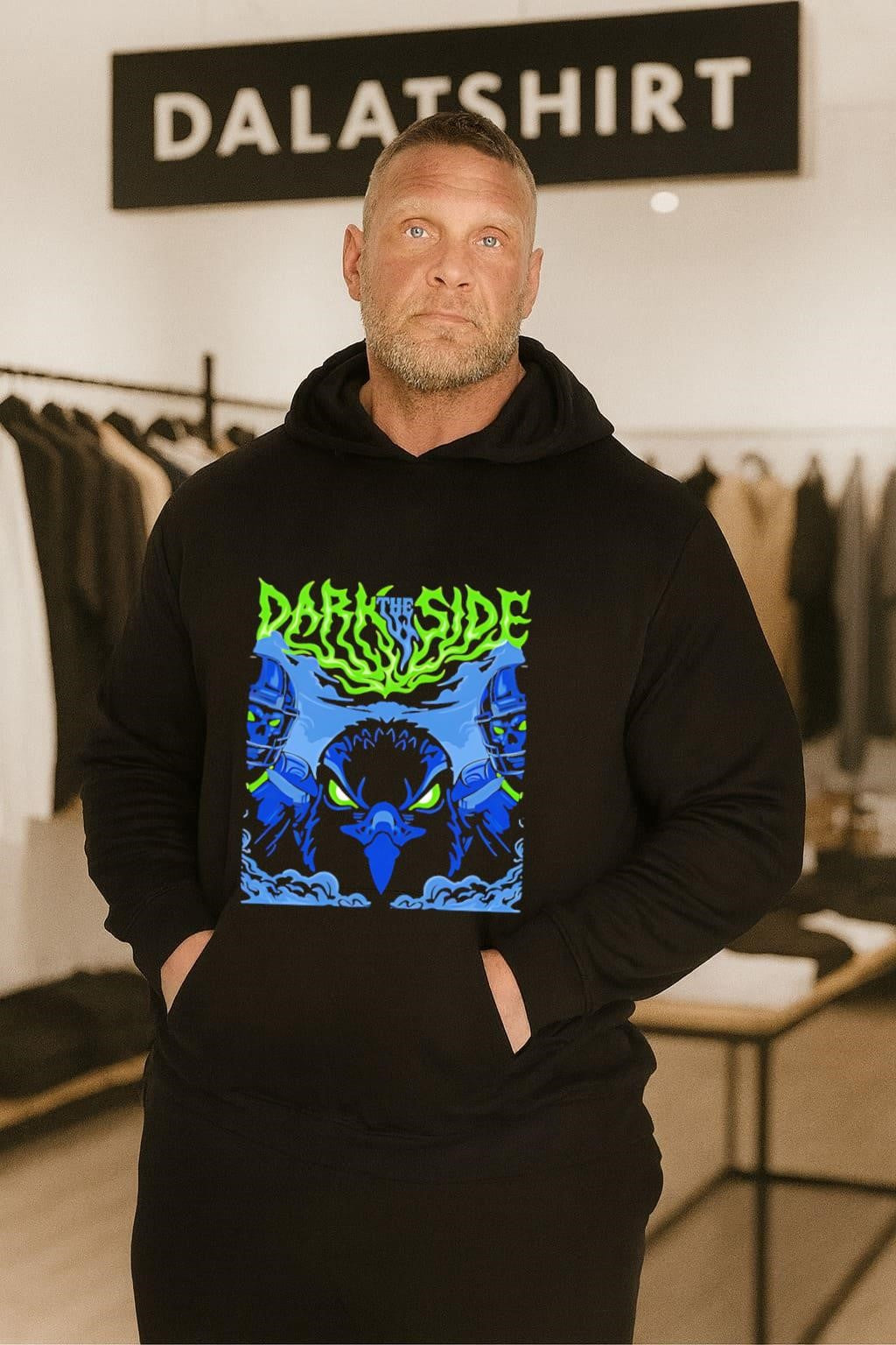 The Dark Side Neon Green Text Evil Hawk Skulls shirt