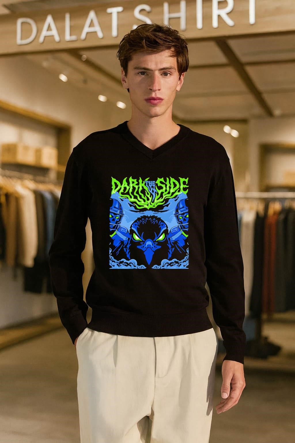 The Dark Side Neon Green Text Evil Hawk Skulls shirt