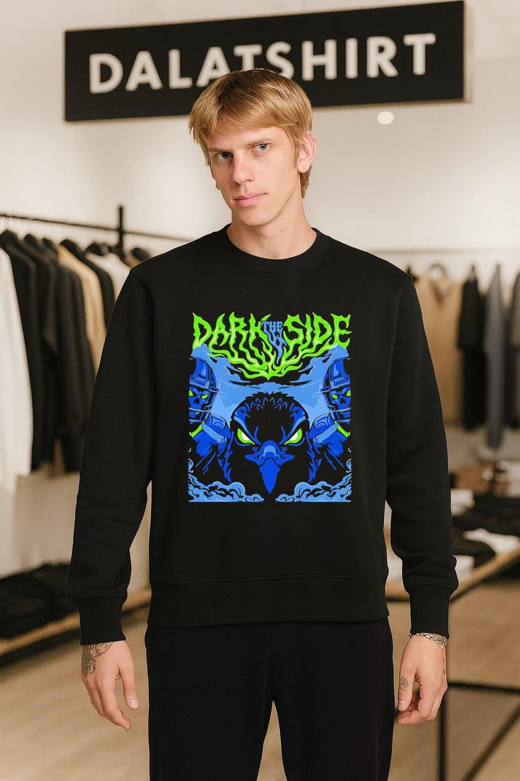 The Dark Side Neon Green Text Evil Hawk Skulls shirt