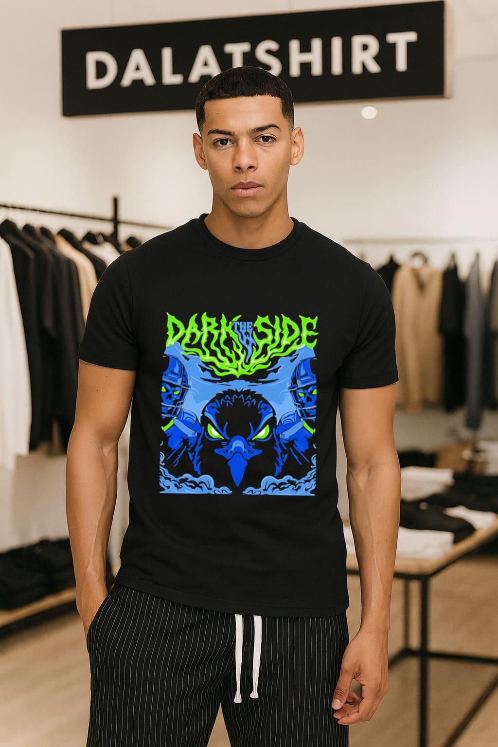 The Dark Side Neon Green Text Evil Hawk Skulls shirt