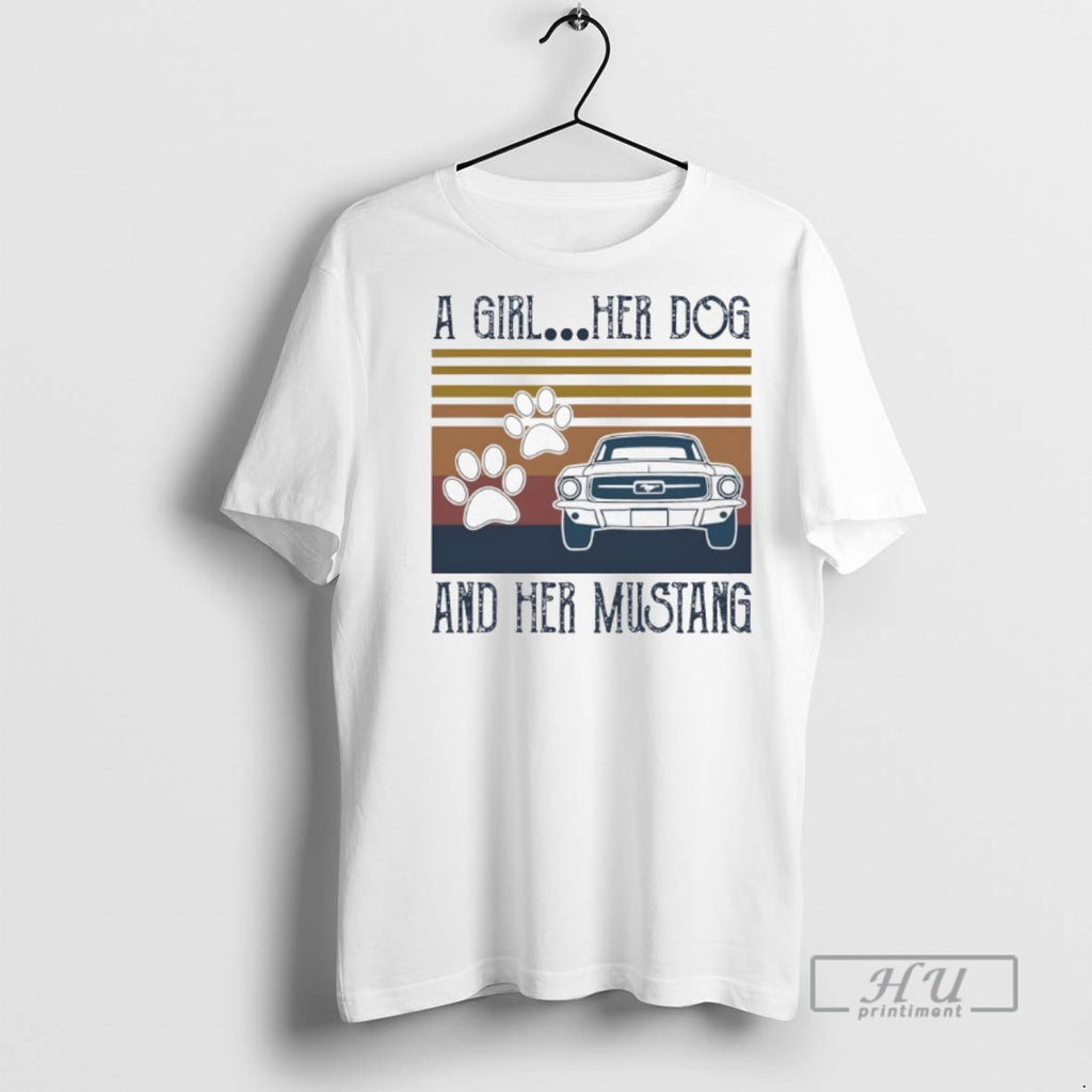 Trending A Girl Her Dog And Her Mustang Vintage Graphic Tee Shirt Sweatshirt Hoodies