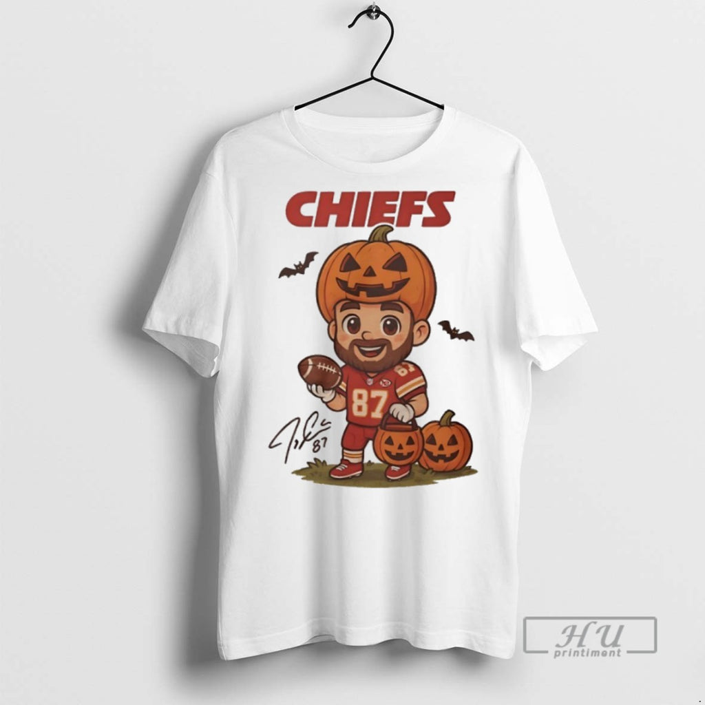 Trending Chiefs Travis Kelce Pumpkin Halloween 2025 Signature Cartoon T Shirt