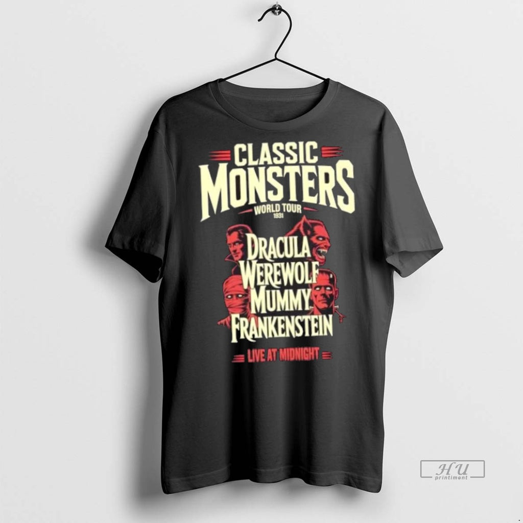 Trending Classic Monsters World Tour 1931 Dracula Werewolf Mummy Frankenstein Graphic Tee Shirt Sweater