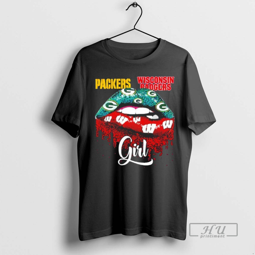 Trending Green Bay Packers And Wisconsin Badgers Girl Sexy Lips Blackshirt T Shirts