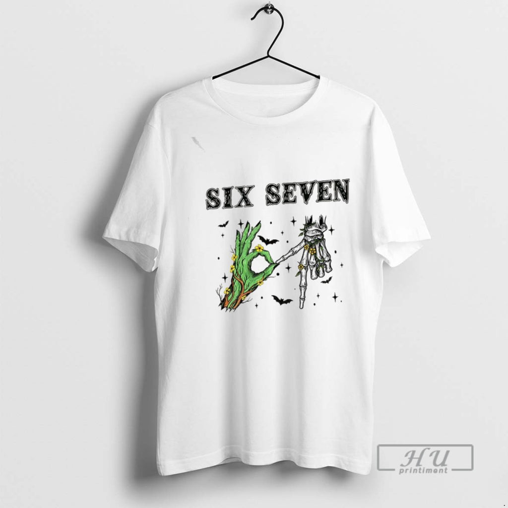 Trending Grinch Skeleton Hand Six Seven Floral Halloween Graphic Tee Shirt Sweatshirt Hoodies