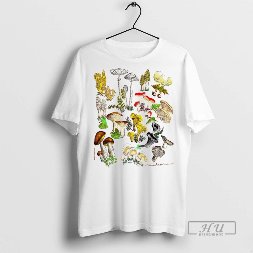 Trending Illustrated Prints Of Mushrooms Natural T Shirt