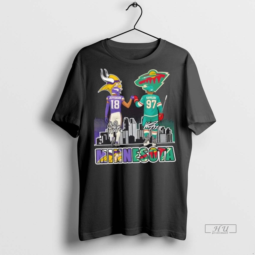 Trending Minnesota Sports Jefferson Vikings X Kaprizov Wild Skyline Graphic Tee Shirt Sweater
