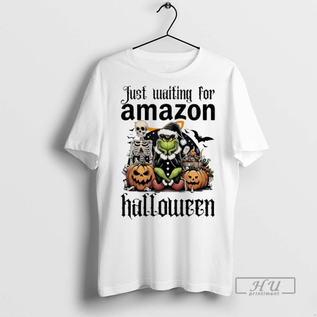 Trending Official Grinch Just Waiting For Amazon Pumpkin Halloween 2025 T Shirt