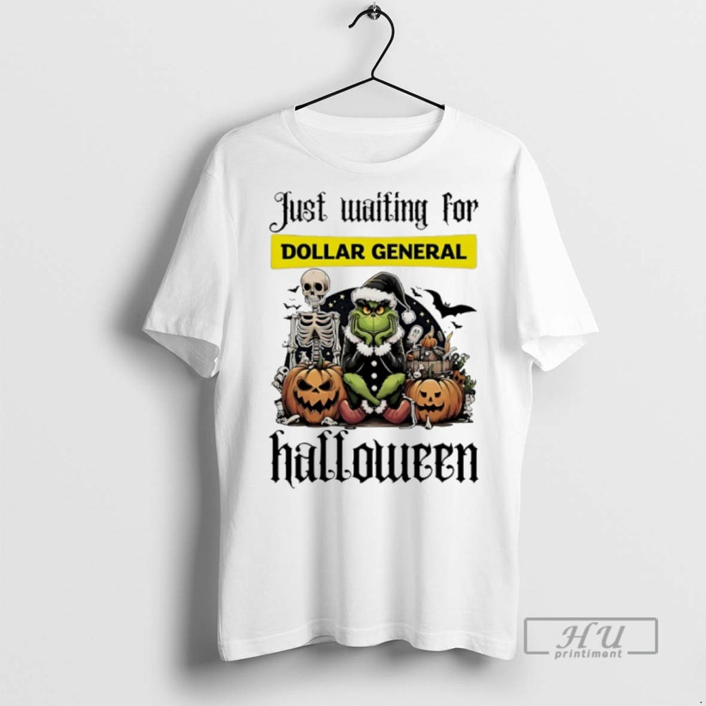 Trending Official Grinch Just Waiting For Dollar General Pumpkin Halloween 2025 T Shirt