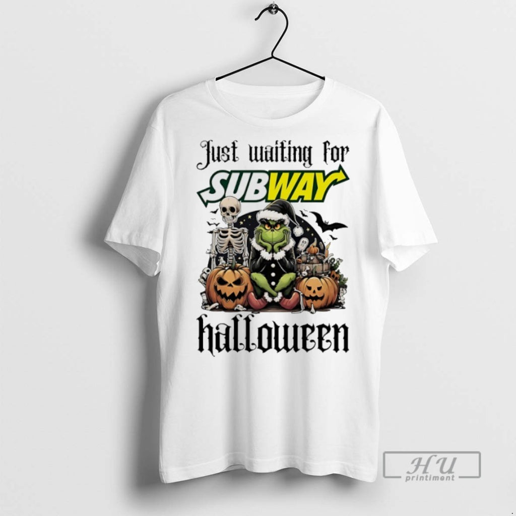 Trending Official Grinch Just Waiting For Subway Pumpkin Halloween 2025 T Shirt