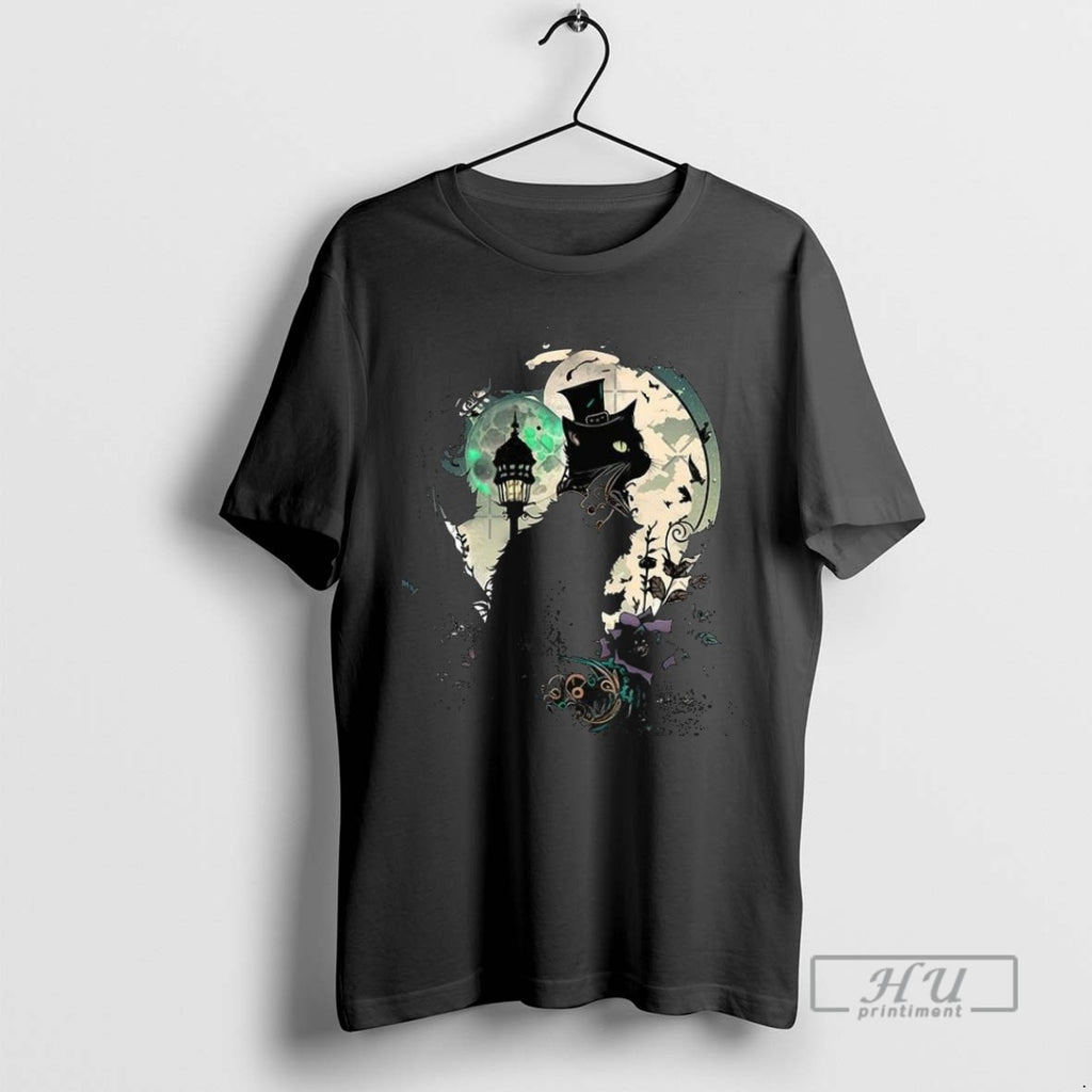 Trending Steampunk Black Cat Wearing A Top Hat Under Full Moon Halloween T Shirt