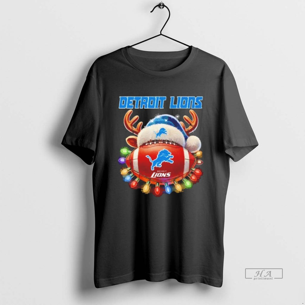 Trendy Detroit Lions Football With Santa Deer Hat Christmas Blackshirt