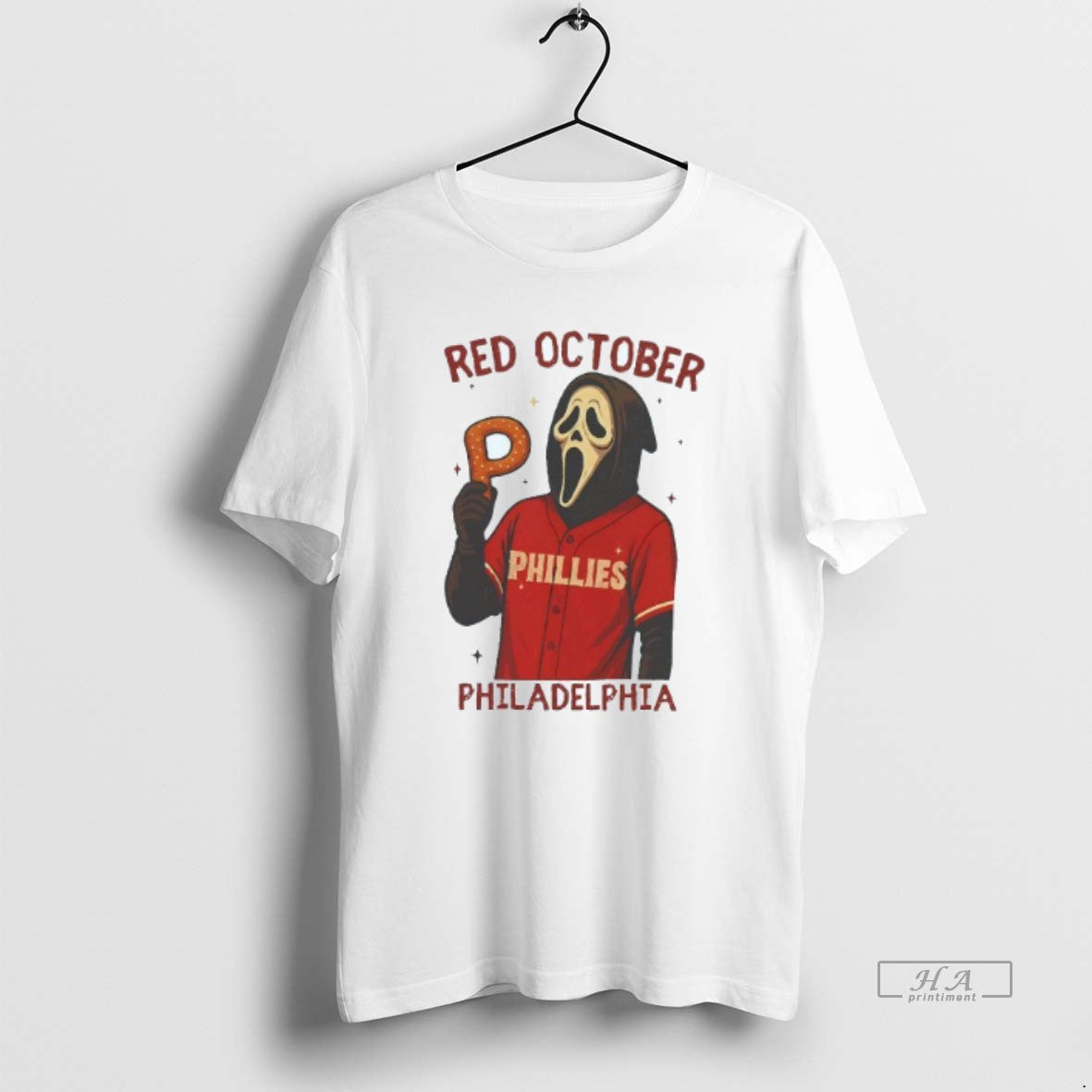 Trendy Ghost Face With P Donut Red October Philadelphia Phillies Mens White Tee