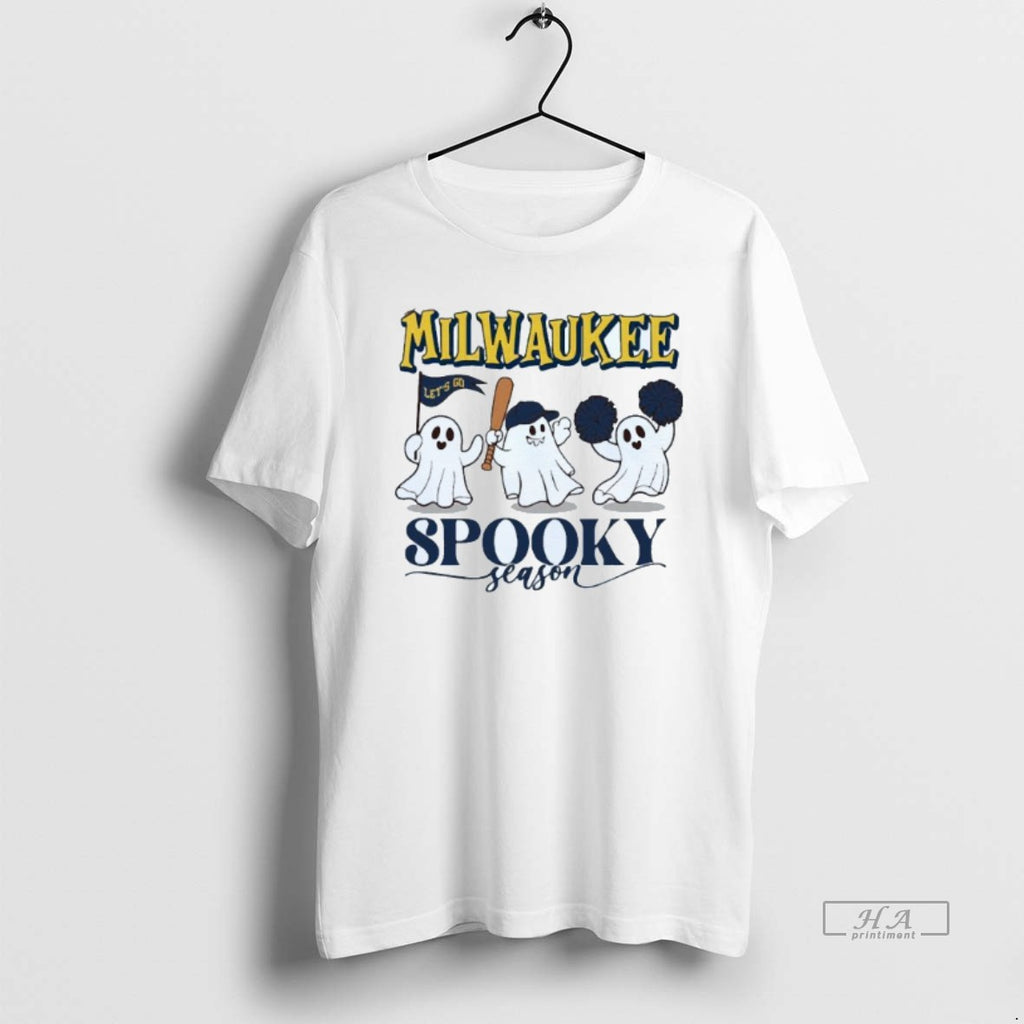 Trendy Milwaukee Brewers Boo Spooky Season Halloween Mens White Tee