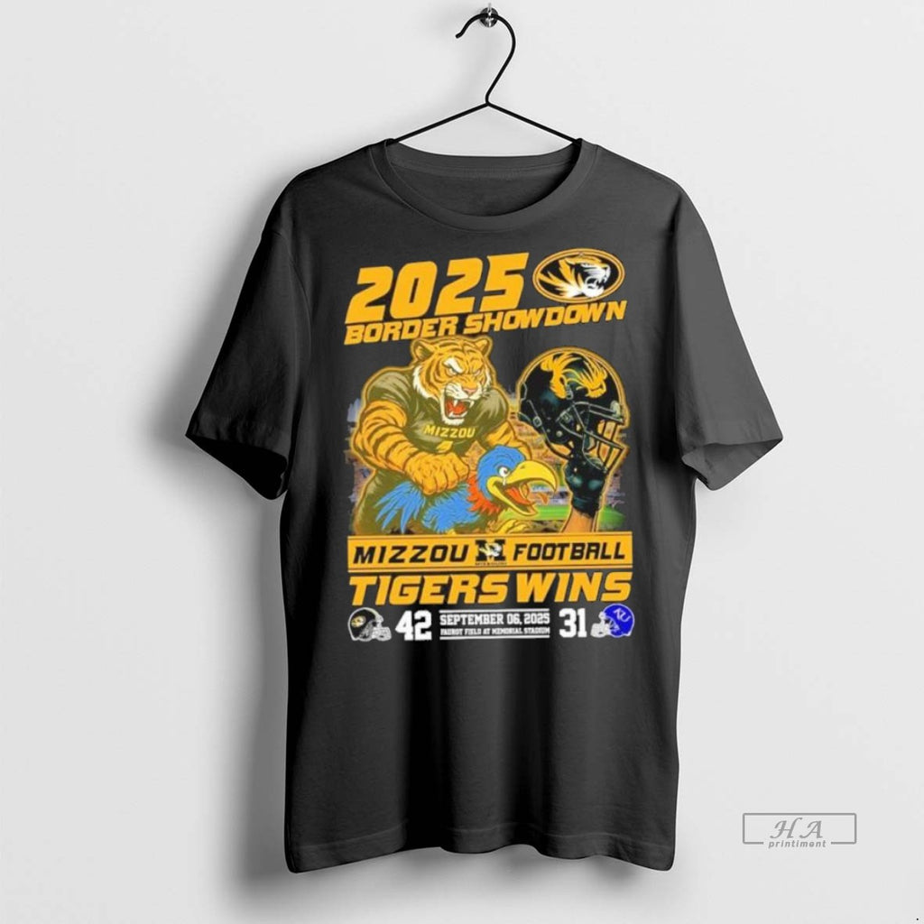 Trendy Official 2025 Border Showdown Mascot Missouri Tigers Vs Kansas Jayhawks 42 31 Score Tee