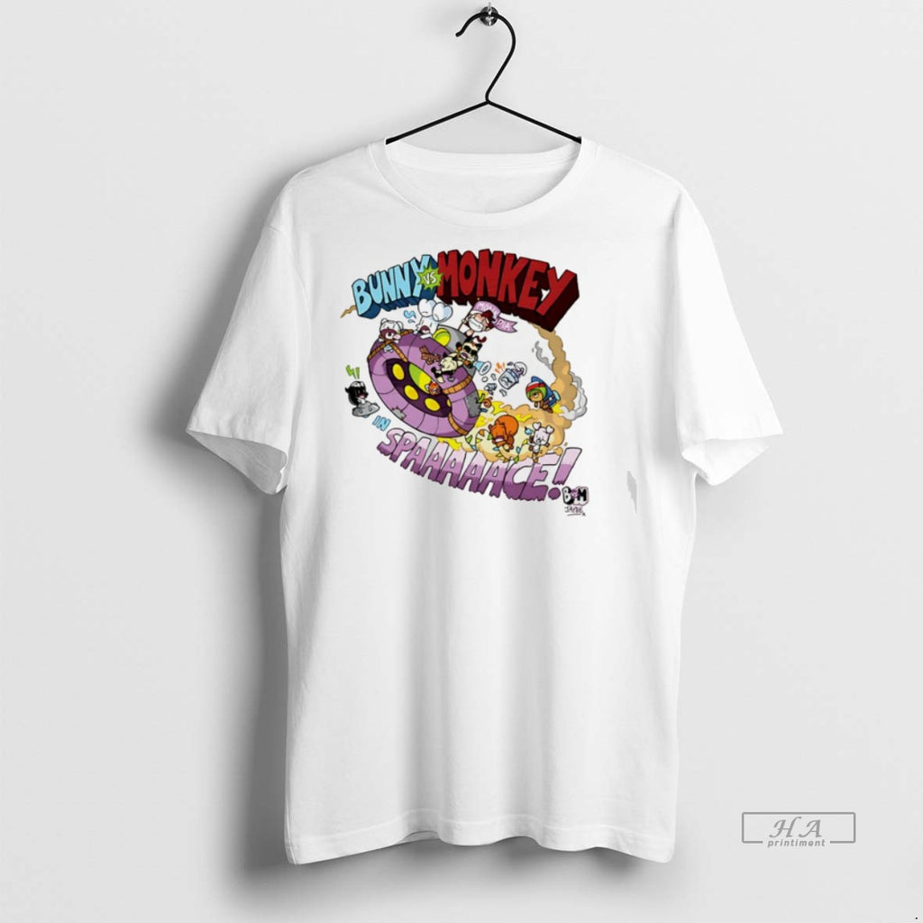 Trendy Official Bunny Vs Monkey In Space Cartoon Tee Sweater