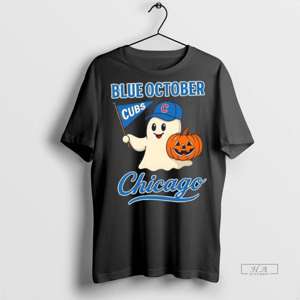 Trendy Official Chicago Cubs Blue October Ghost Pumpkin Halloween Tee Sweater