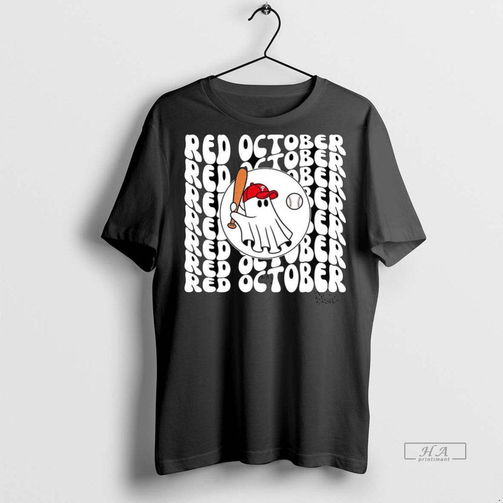 Trendy Official Philadelphia Phillies Baseball Red October Ghost Retro Halloween Tee Sweater