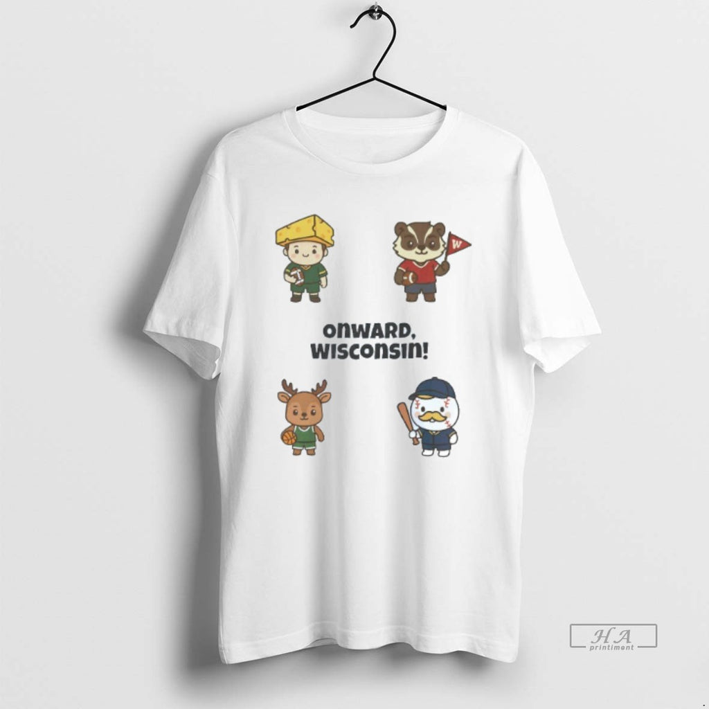 Trendy Onward Wisconsin Mascots Green Bay Packers Badgers Bucks And Brewers Mens White Tee Tee