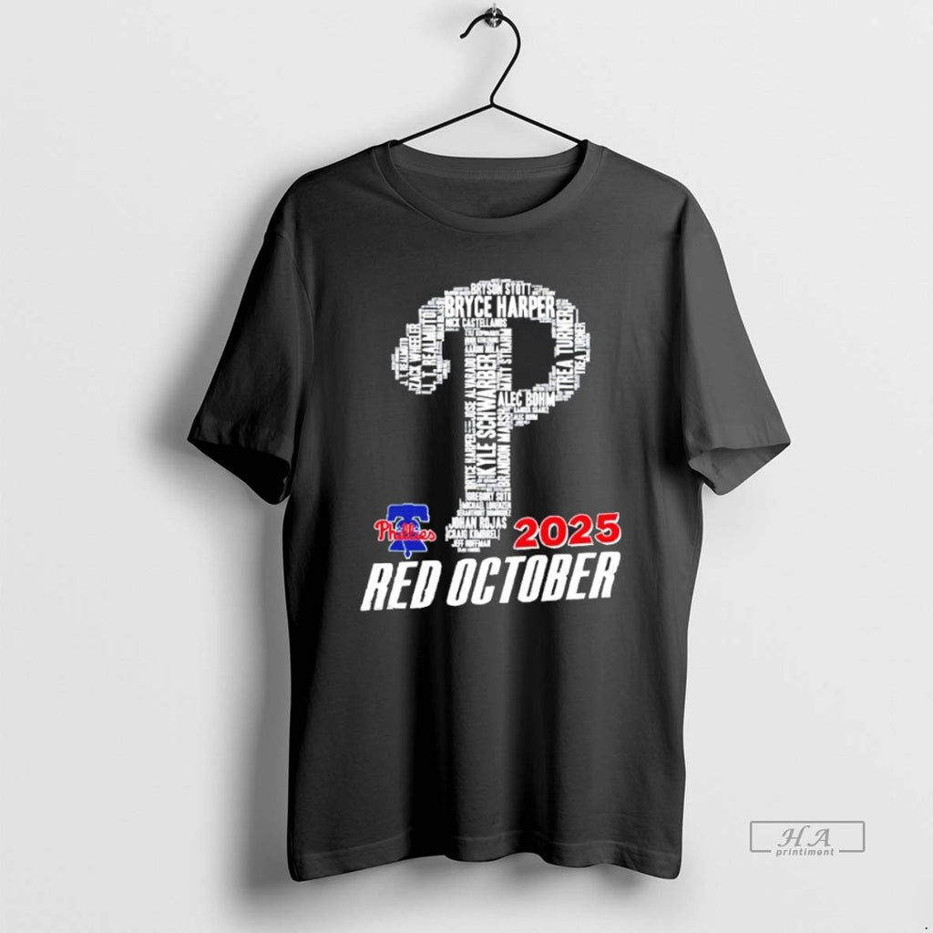 Trendy Philadelphia Phillies 2025 Red October Player Names Logo Blackshirt