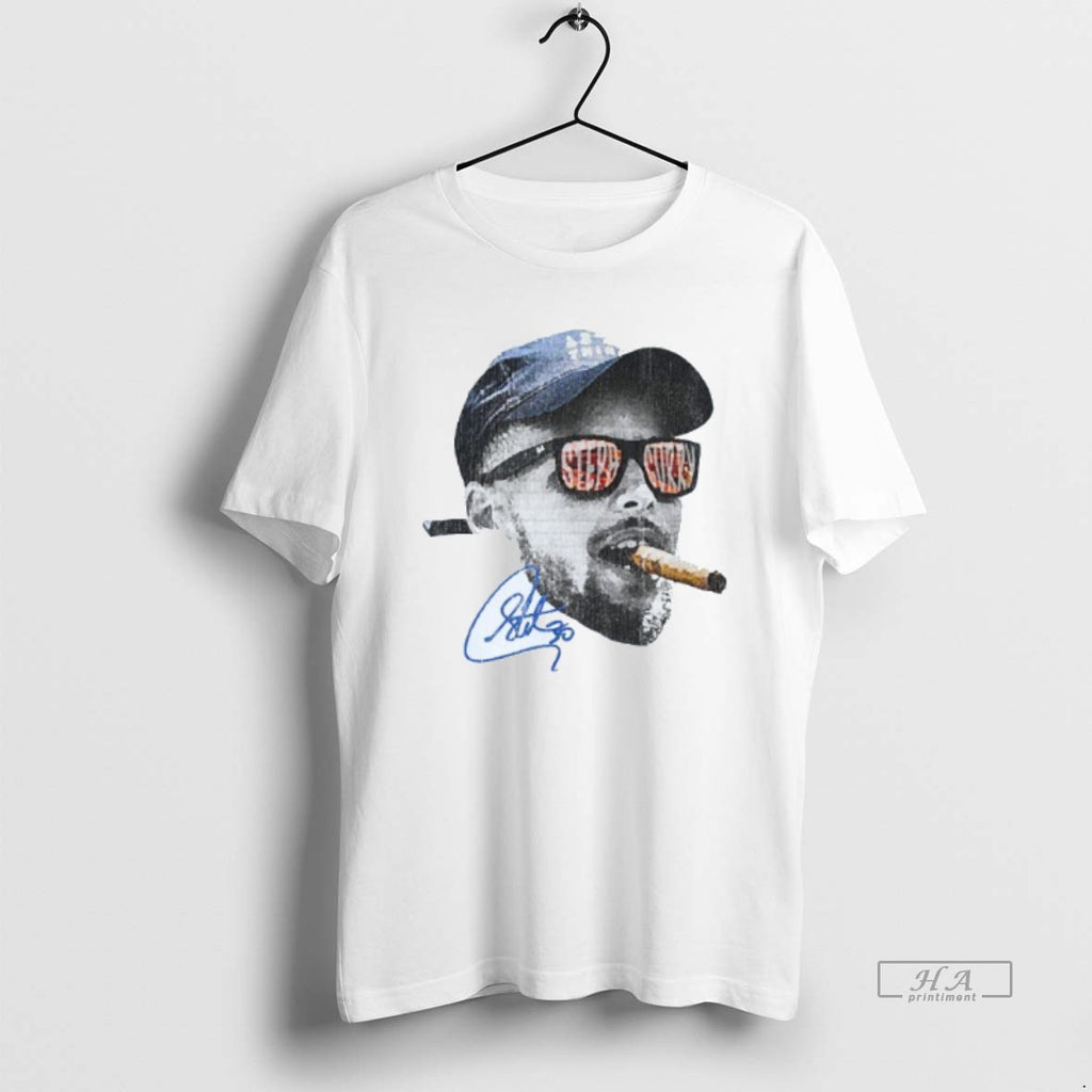 Trendy Stephen Curry Smoking Golden State Warriors Big Head Signature Mens White Tee