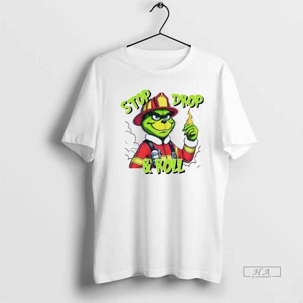 Trendy Stop Drop And Roll Grinch Christmas Fireman White