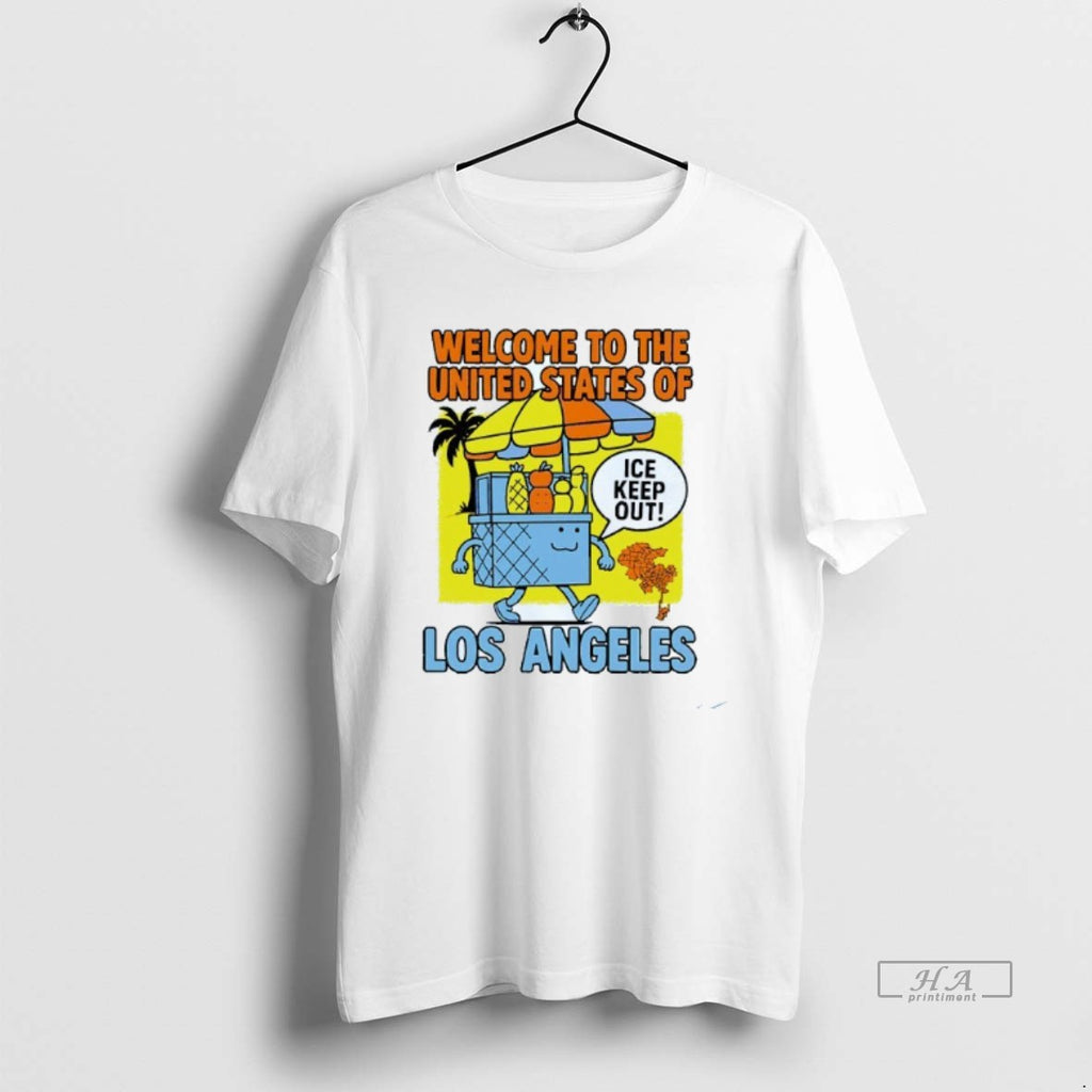 Trendy Welcome To The United States Of Los Angeles Ice Keep Out Mens White Tee