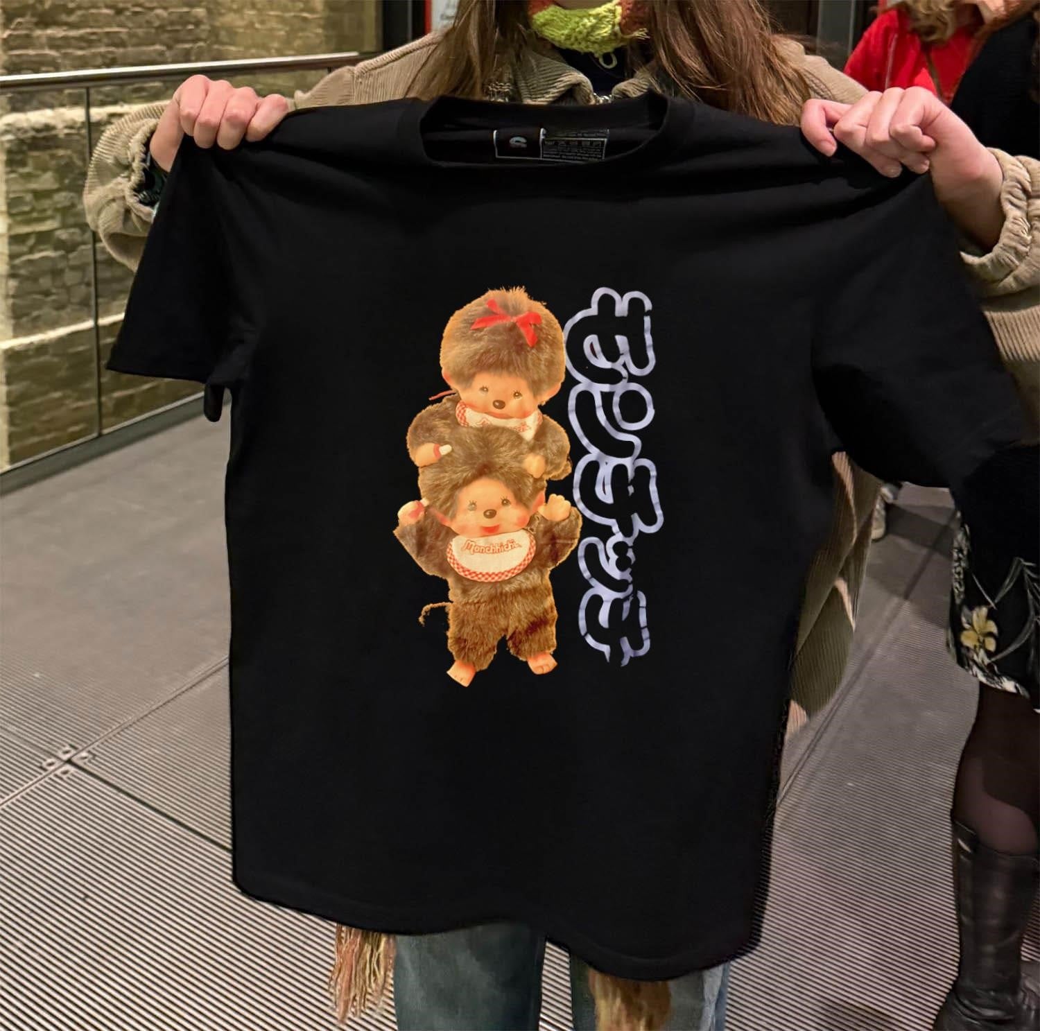 Two Monchhichi monkeys sitting on shoulders bib vintage shirt